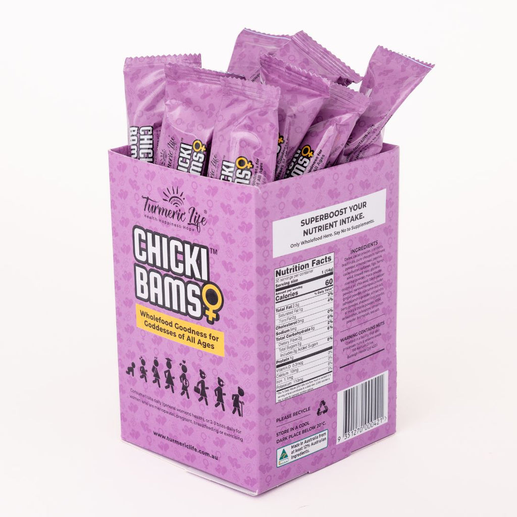 Chickibam Bars and Bites are made with all natural ingredients to optimise men and women’s health of all ages, Australian made and formulated by Dr. Doug English - Turmeric Life