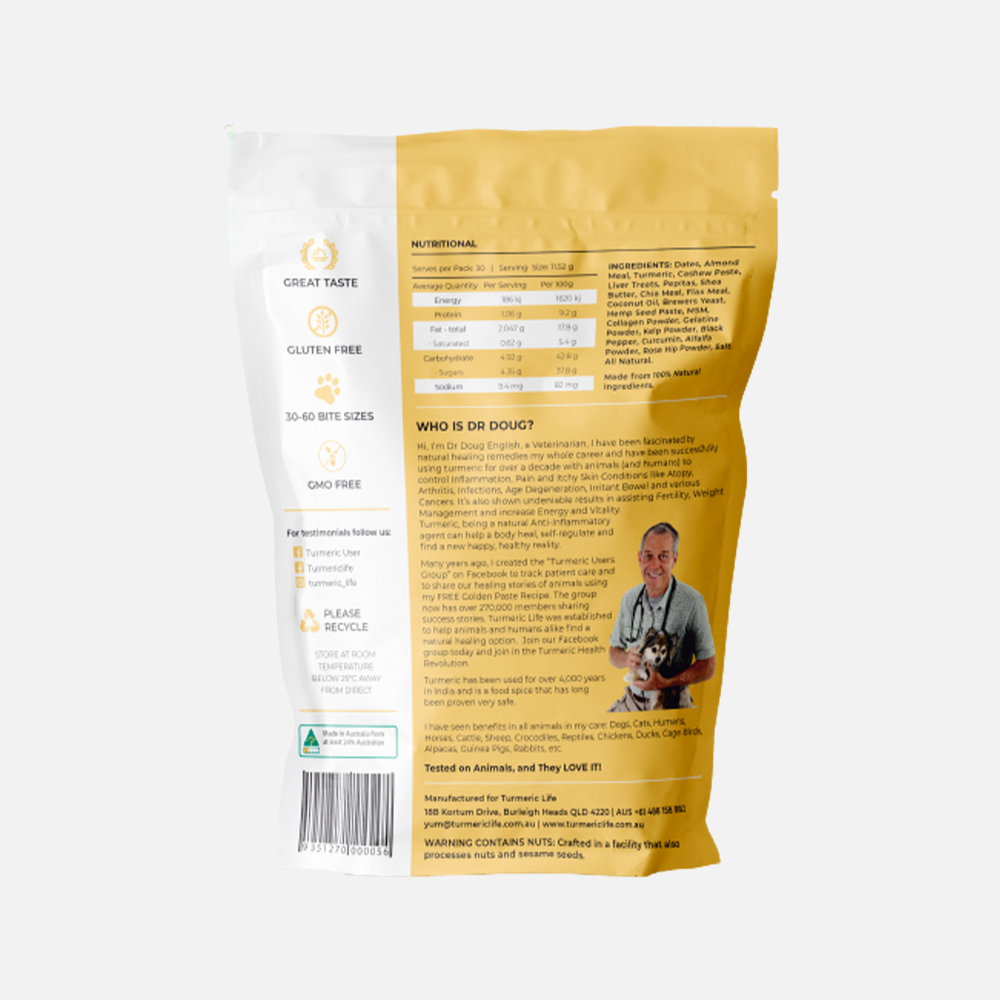 Back of the packet of Turmeric Life Dog Bites for inflammation, wounds, arthritis and general health. Natural healing dog treats 