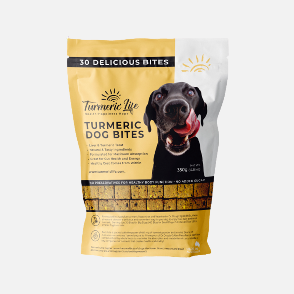 Turmeric Life Dog Bites for dogs health and inflammation - turmeric dog treats by Dr Doug English